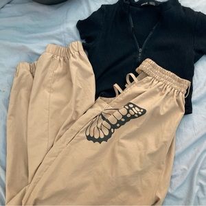 SHEIN outfit Cargo Butterfly Pants and Black Crop Top-outfitTogether or separate
